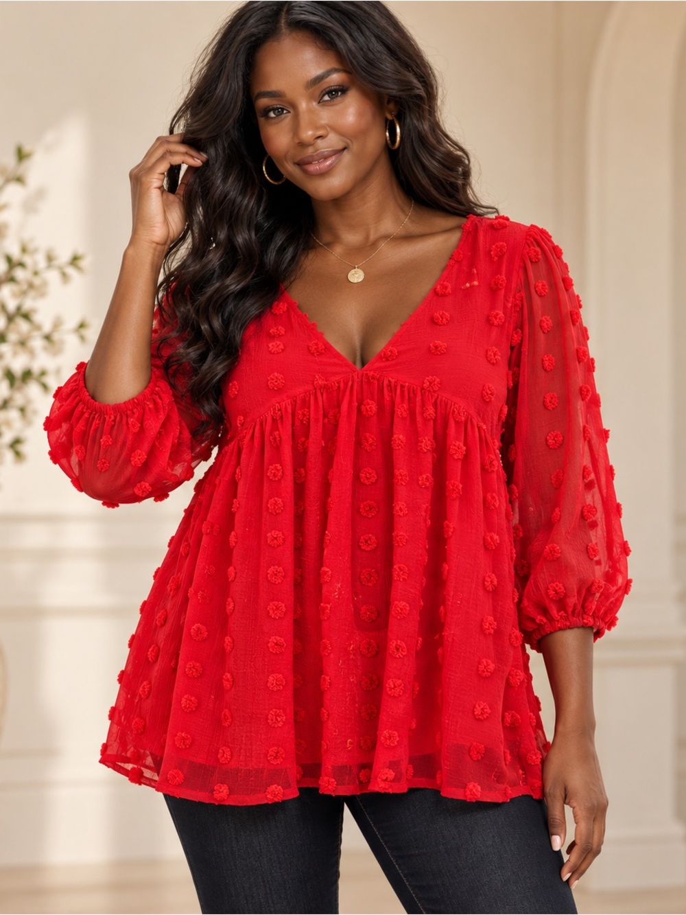 Jodifl Red Swiss Dot Babydoll Blouse Medium Boho V Neck Balloon Sleeve Barbie